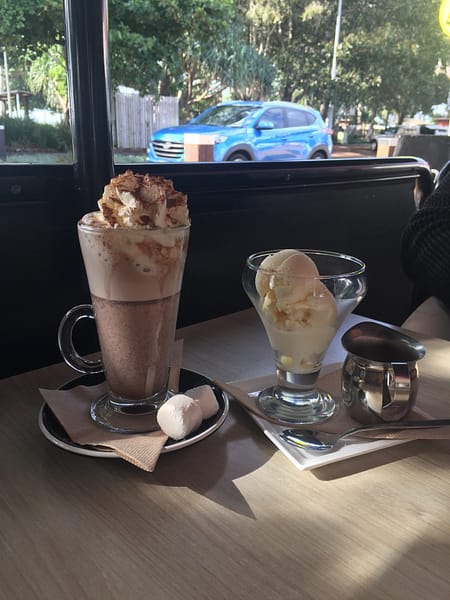Affogato and a cream-topped hot chocolate